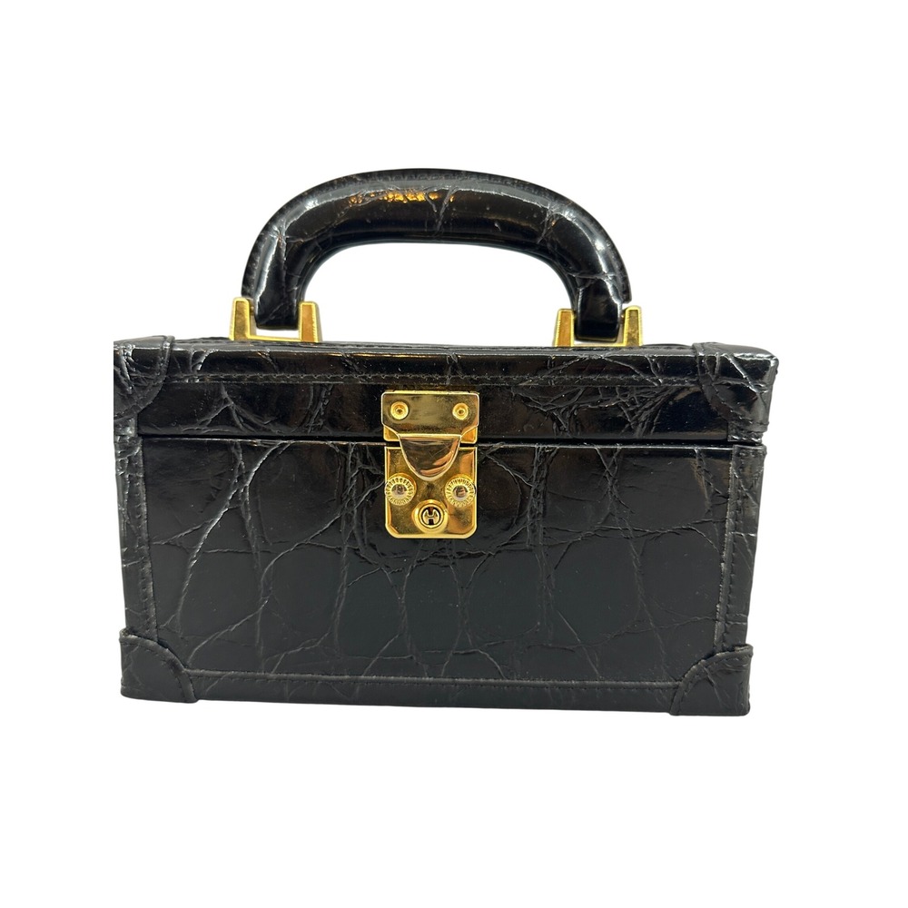 Vintage St. John Black Crocodile Embossed Leather Mini Trunk Box Bag